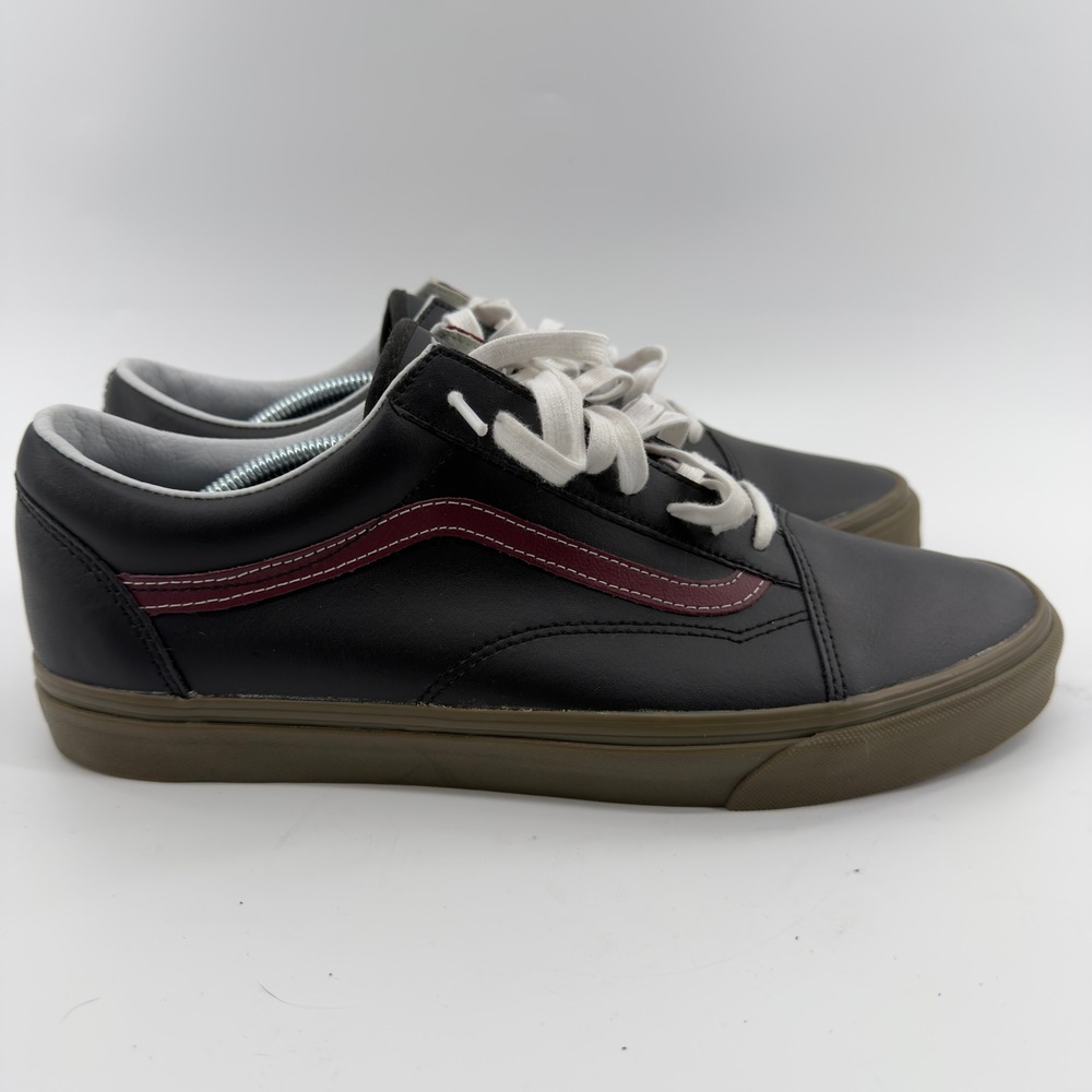 Vans Old Skool Black Leather Burgundy Stripe Gum Sole Mens 13 Sneakers